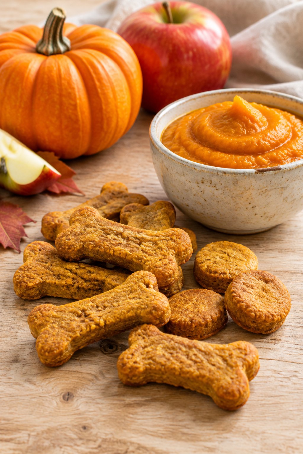 Bone-shaped and round pumpkin applesauce dog treats beside pumpkin puree, a pumpkin and apples.