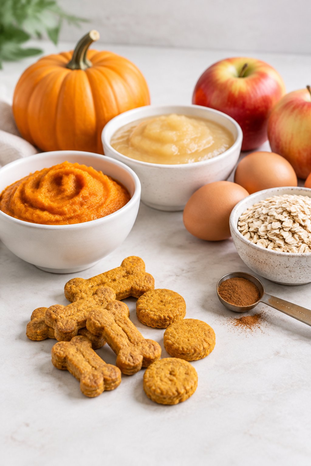 Bowls of pumpkin puree and applesauce with baking ingredients and homemade dog treats on a kitchen counter.