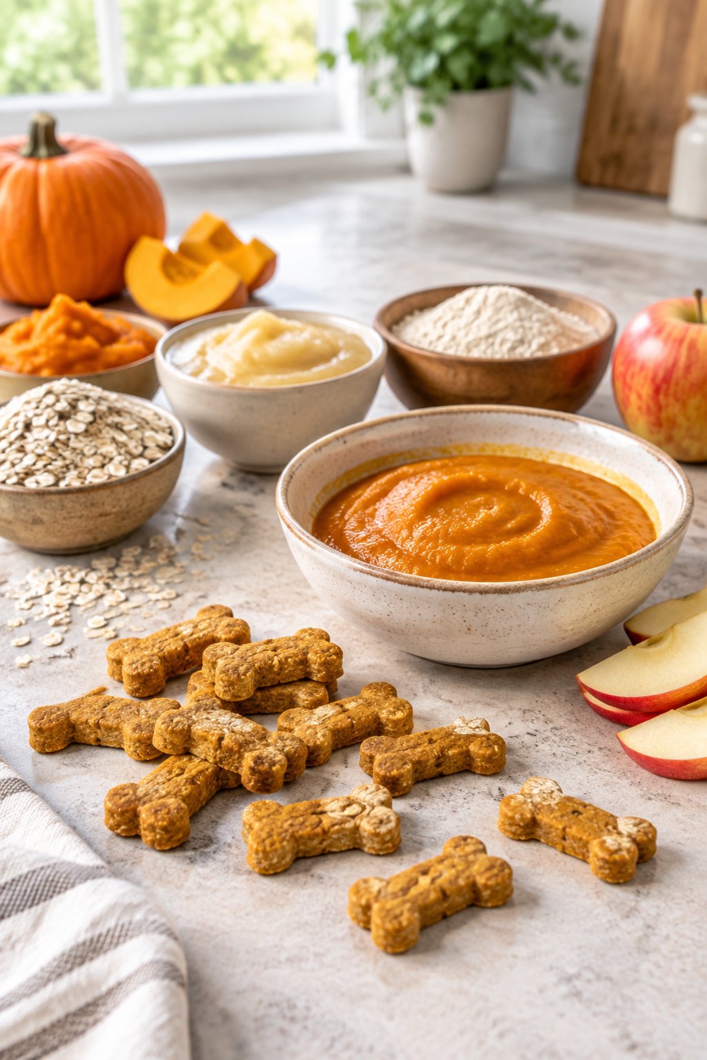 Pumpkin applesauce dog treats arranged beside pumpkin, applesauce, oats, and flour on a kitchen counter.