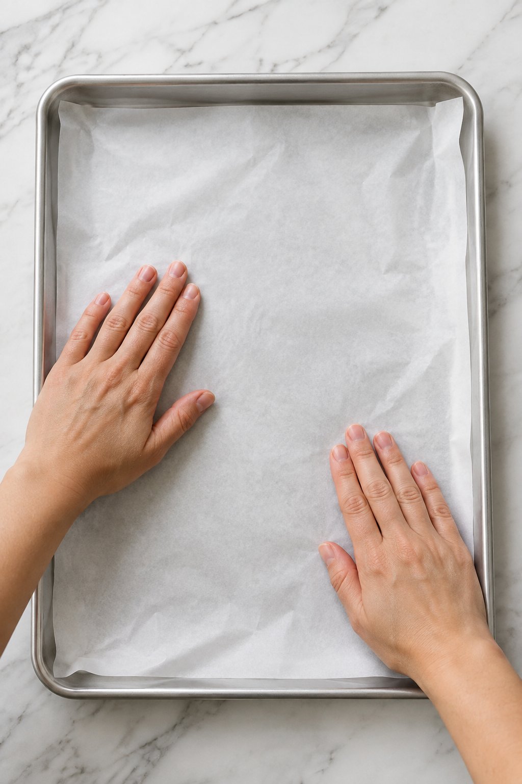 Hands smoothing parchment paper into a silver baking sheet on a marble counter.
