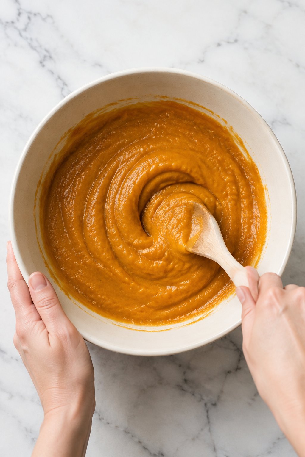 Pumpkin puree, applesauce and egg being stirred in an ivory bowl with a wooden spoon.