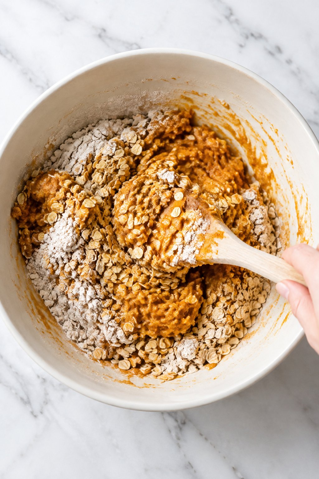 Whole wheat flour and rolled oats being folded into the pumpkin mixture.