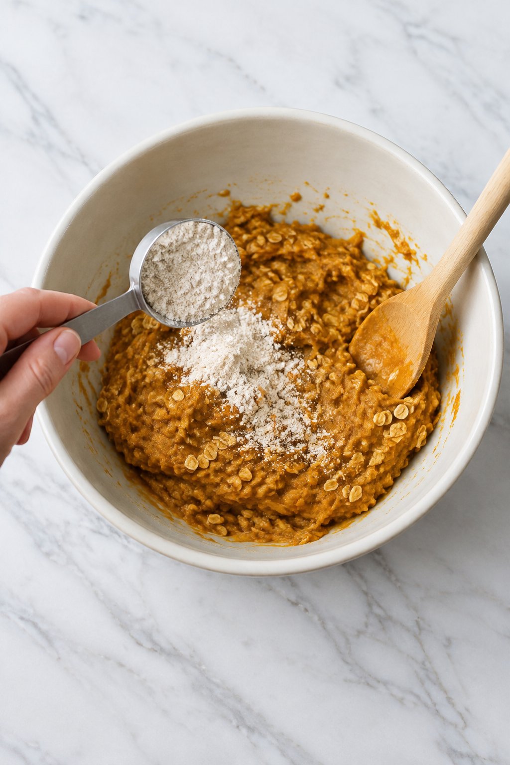 A spoonful of flour being added to pumpkin and oat dough to adjust its texture.