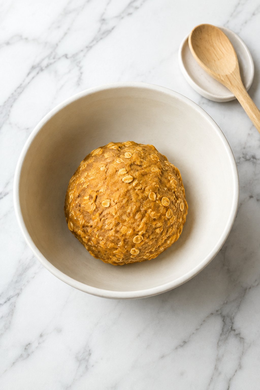 A ball of pumpkin and oat dough resting in an ivory mixing bowl.
