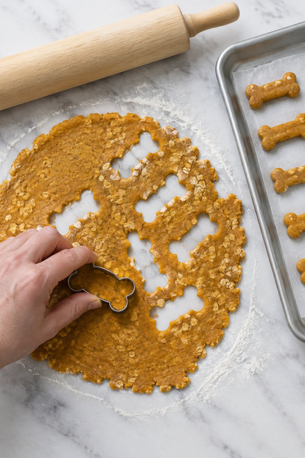 Bone-shaped treats being cut from rolled pumpkin dough beside a parchment-lined tray.