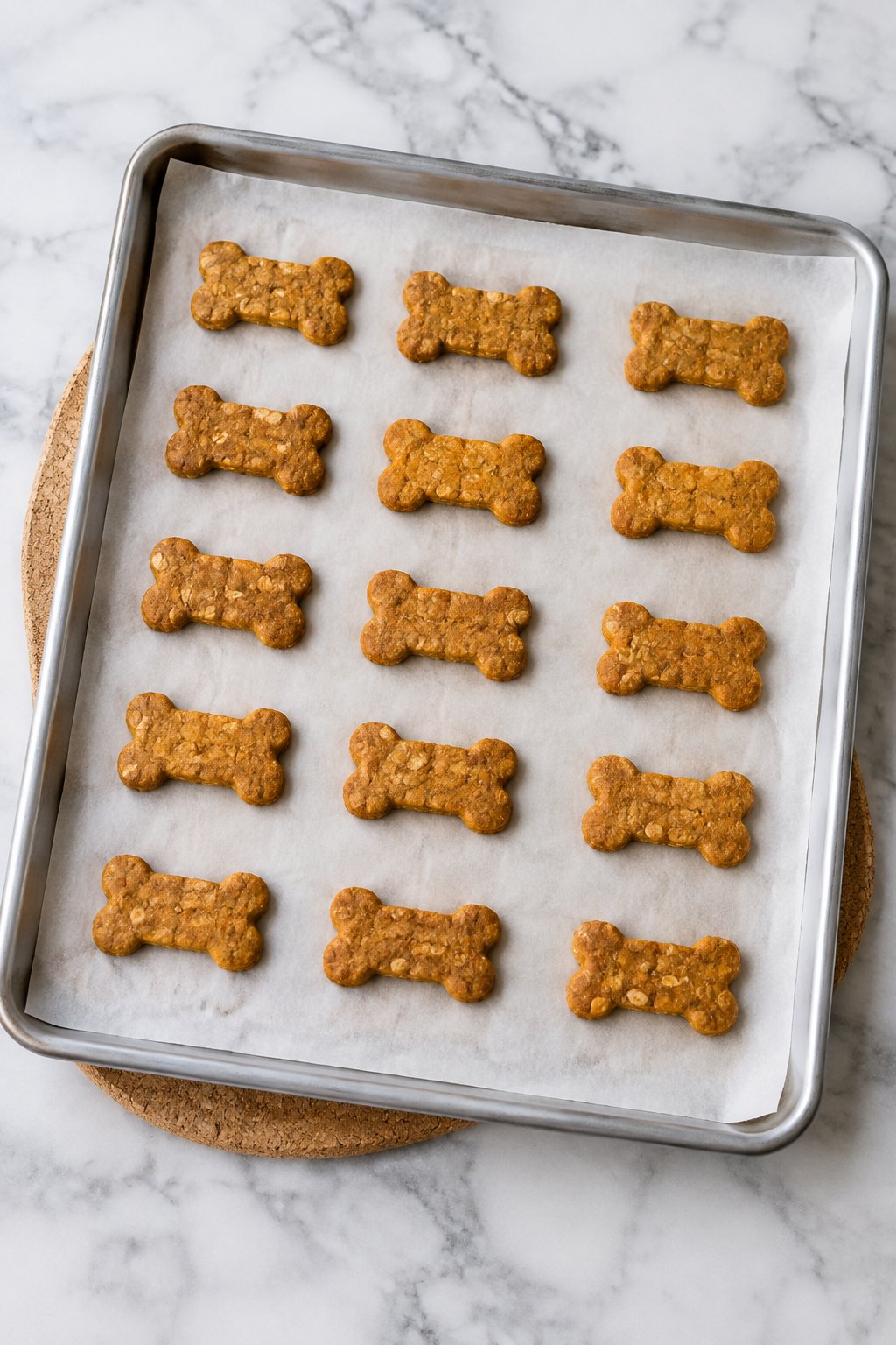 Baked bone-shaped pumpkin applesauce treats on a parchment-lined baking sheet.