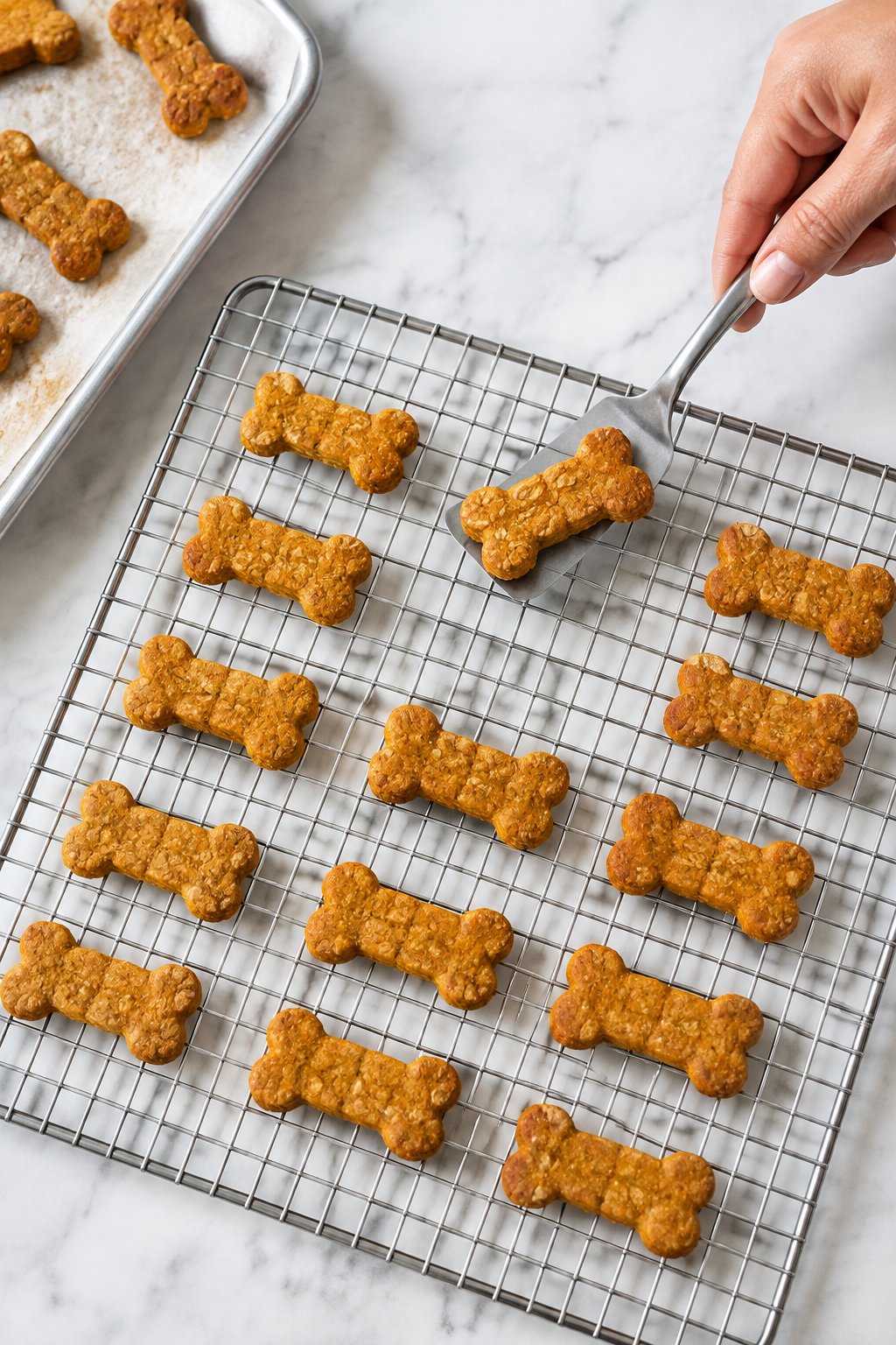 A pumpkin applesauce biscuit being transferred onto a wire cooling rack.