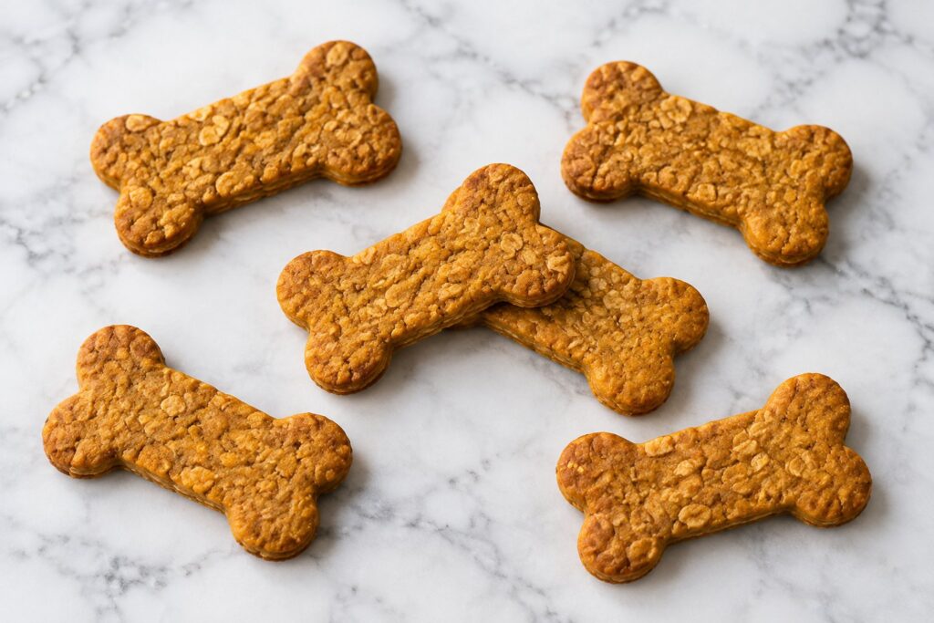 Six bone-shaped pumpkin applesauce dog treats with visible oat flecks on a white marble tabletop.
