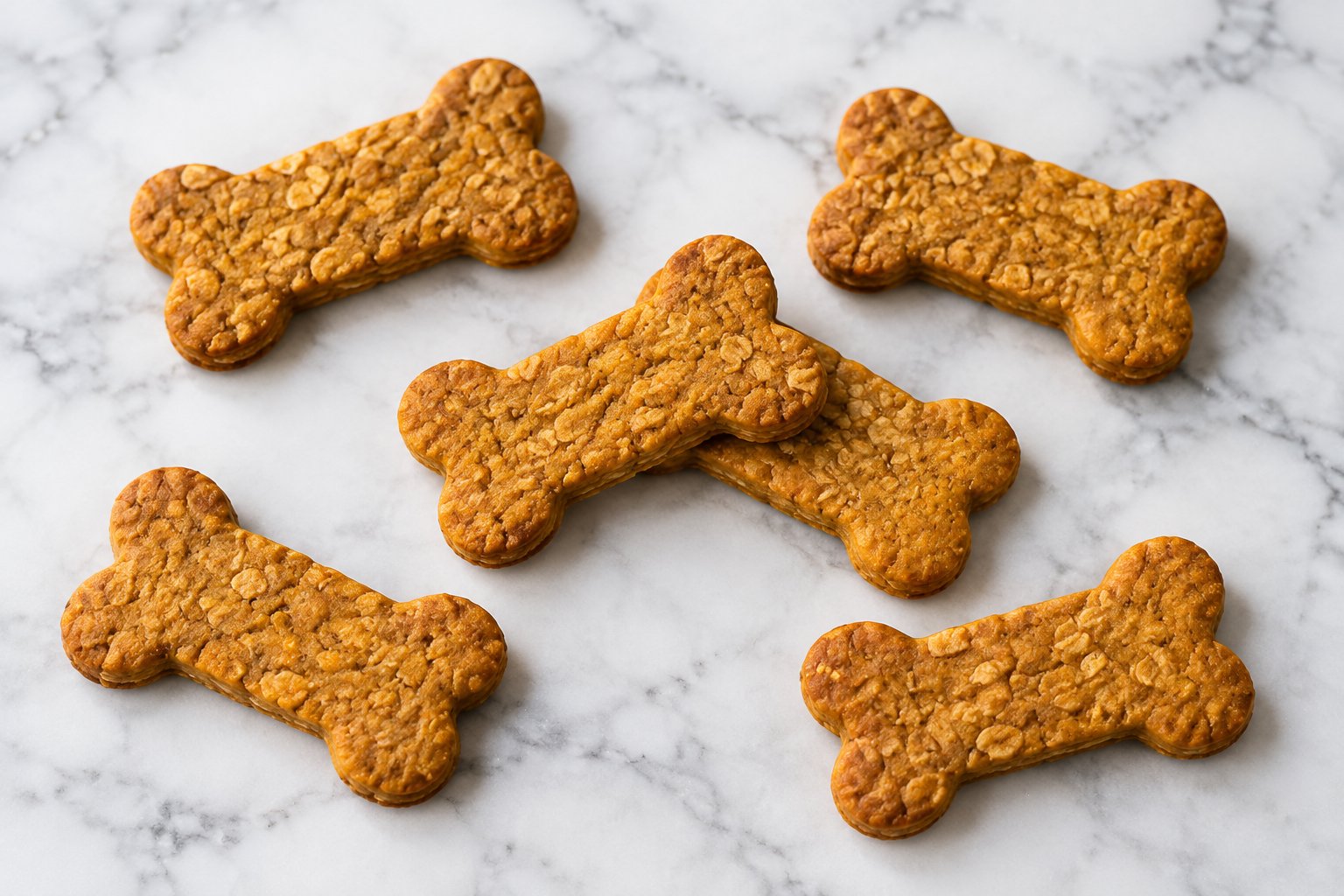 Six bone-shaped pumpkin applesauce dog treats with visible oat flecks on a white marble tabletop.